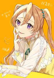 Rule 34 | 1girl, brown hair, copyright request, dress, green ribbon, hair between eyes, hand up, highres, long hair, long sleeves, mugi (iccomae), neck ribbon, orange background, parted lips, purple eyes, ribbon, see-through, see-through sleeves, simple background, smile, solo, translation request, two side up, upper body, very long hair, white dress