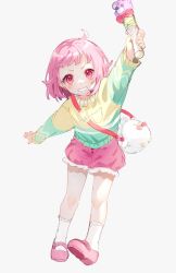 Rule 34 | 1girl, absurdres, aged down, arm up, atashi-tachi no happy end (project sekai), bag, blush, bob cut, bow, commentary, fingernails, flower, grey background, highres, holding, long sleeves, looking at viewer, multicolored clothes, multicolored sweater, nuko 0108, ootori emu, pink eyes, pink footwear, pink hair, project sekai, red bow, short bangs, short hair, shorts, simple background, socks, solo, sweater, teeth, white socks