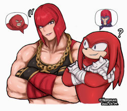 Rule 34 | 1boy, 1girl, ?, biceps, black sports bra, bob cut, capcom, chain, collarbone, colored skin, commentary, crossed arms, crossover, dated, english commentary, furry, furry male, gold chain, hair between eyes, hershuar, juggernaut (x-men), knuckles the echidna, magneto, marisa (street fighter), marvel, multiple crossover, muscular, muscular female, purple eyes, red eyes, red hair, red skin, sega, short hair, sonic (series), sonic boom (series), speech bubble, spiked knuckles, sports bra, street fighter, street fighter 6, trait connection, twitter username, x-men