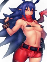 Rule 34 | 1girl, antenna hair, armpits, asymmetrical clothes, bare shoulders, belt, bikini, bikini top only, blue hair, breasts, cameltoe, disgaea, disgaea d2, covered erect nipples, fang, fingerless gloves, flame print, fumio (rsqkr), genderswap, genderswap (mtf), gloves, hair antennae, hand on own hip, laharl, laharl-chan, long hair, looking at viewer, navel, pants, pointing, pointing at self, pointy ears, red eyes, scarf, slit pupils, solo, stomach, swimsuit, torn clothes, torn pants, very long hair