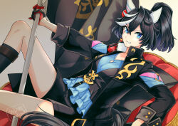 Rule 34 | 1girl, animal ears, black coat, black hair, black shorts, black socks, black vest, blue eyes, blue shirt, breasts, clenched teeth, coat, crossed bangs, ear covers, flag, gloves, hair ornament, half gloves, hi (ibisf5umauma), high collar, highres, holding, holding flag, horse ears, horse girl, horse tail, katsuragi ace (umamusume), kneehighs, long sleeves, looking at viewer, multicolored hair, open mouth, outstretched arm, ponytail, reclining, shirt, short hair, shorts, small breasts, smile, socks, solo, streaked hair, tail, teeth, twitter username, umamusume, v-neck, v-shaped eyebrows, vest, watermark