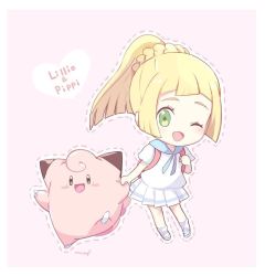Rule 34 | 1girl, :d, ;d, backpack, bag, blonde hair, blush stickers, border, braid, character name, chibi, clefairy, creatures (company), fang, french braid, full body, game freak, gen 1 pokemon, green eyes, heart, holding hands, holding strap, lillie (pokemon), long hair, looking at viewer, mei (maysroom), nintendo, one eye closed, open mouth, outline, pink background, pleated skirt, pokemon, pokemon (creature), pokemon sm, ponytail, school uniform, serafuku, shirt, short sleeves, sidelocks, signature, simple background, skirt, smile, socks, standing, straight hair, white border, white footwear, white legwear, white shirt, white skirt