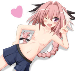 Rule 34 | 1boy, astolfo (fate), bare shoulders, boxers, braid, fang, fate/apocrypha, fate (series), flat chest, hair intakes, hand on own hip, looking at viewer, male focus, male underwear, navel, nipples, one eye closed, open mouth, pink eyes, pink hair, pointy ears, single braid, skin fang, smile, solo, tamayan, topless male, trap, tsurime, underwear, underwear only