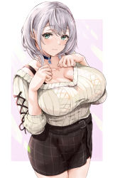 Rule 34 | 1girl, absurdres, belt, blush, breasts, choker, cleavage, closed mouth, collarbone, commentary request, green eyes, hands on own chest, hands up, highres, hololive, large breasts, lips, looking at viewer, nagaya (arx7sagara), shirogane noel, shirogane noel (casual), short hair, silver hair, simple background, skirt, smile, solo, sweater, sweater tucked in, virtual youtuber