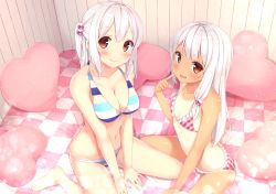 Rule 34 | 2girls, bare legs, barefoot, bikini, blush, breasts, cleavage, finger to mouth, flat chest, frilled bikini, frills, from above, front-tie bikini top, front-tie top, hair bobbles, hair ornament, heart, heart-shaped pillow, indoors, karutamo, large breasts, light particles, long hair, looking at viewer, medium breasts, multiple girls, navel, on bed, one-piece tan, one side up, original, pillow, pink bikini, plaid, plaid bikini, red eyes, sitting, smile, striped bikini, striped clothes, swimsuit, tan, tanline, tisshu (karutamo), wariza, white hair