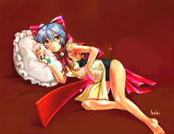 Rule 34 | apron, bad id, bad pixiv id, bell, blue hair, bow, hair bow, hebina masayoshi, one-piece swimsuit, original, pillow, red eyes, robot, school swimsuit, short hair, solo, swimsuit, tail