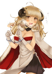 Rule 34 | 10s, 1girl, absurdres, ahoge, anila (granblue fantasy), blonde hair, blush, breasts, cape, cleavage, cuffs, draph, granblue fantasy, handcuffs, highres, horns, large breasts, long hair, nikitan (niki), open mouth, sheep horns, simple background, solo focus, tears, white background, yellow eyes