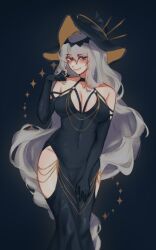Rule 34 | 1girl, arknights, bare shoulders, black background, black dress, black gloves, black hat, blush, breasts, cleavage, clothing cutout, commentary, dress, english commentary, gloves, grey hair, hand up, hat, highres, large breasts, long hair, looking at viewer, meme attire, meme request, orz (kagewaka), pointy hat, red eyes, simple background, smile, solo, specter (arknights), specter the unchained (arknights), thigh cutout, very long hair