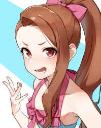 Rule 34 | 1girl, absurdres, armpits, bikini, blue background, bow, breasts, brown hair, collarbone, hair bow, highres, idolmaster, idolmaster (classic), kakaobataa, long hair, looking at viewer, lower teeth only, minase iori, open mouth, ponytail, red eyes, simple background, small breasts, solo, swimsuit, teeth, upper body, white background