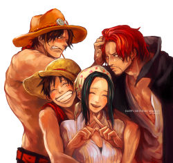 Rule 34 | 10s, 1girl, 2014, 3boys, bad id, bad pixiv id, bandana, black hair, blush, closed eyes, dated, east blue, facial hair, freckles, grin, happy birthday, hat, jewelry, long hair, makino (one piece), monkey d. luffy, multiple boys, necklace, one piece, portgas d. ace, red hair, scar, scar across eye, scar on face, shanks (one piece), short hair, simple background, smile, straw hat, topless male, tsuyomaru, white background