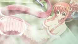 Rule 34 | 10s, 1girl, bathing, breasts, game cg, highres, lamia, large breasts, long hair, lying, miia (monster musume), monster girl, monster musume no iru nichijou, monster musume no iru nichijou online, nude, red hair, smile, solo, wallpaper, water, yellow eyes
