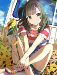 Rule 34 | 1girl, akira tooru, artist name, bare legs, blouse, blue overalls, blue sky, cloud, commentary request, crossed ankles, day, flower, green eyes, green hair, grin, highres, indian style, knees up, long hair, looking at viewer, md5 mismatch, motor vehicle, one side up, original, outdoors, overalls, petals, pickup truck, resolution mismatch, sandals, shirt, short sleeves, sitting, sky, smile, solo, source smaller, strap slip, striped clothes, striped shirt, sunflower, swept bangs, t-shirt, toes, truck, wind