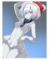 Rule 34 | 1girl, azur lane, bare arms, black nails, blue eyes, blue hair, breasts, colored skin, commentary request, covered navel, dress, fur-trimmed headwear, fur trim, gluteal fold, hair over one eye, hand on headwear, hat, head tilt, highres, looking at viewer, medium breasts, mikuchi3939, multicolored hair, nail polish, open mouth, red hat, santa hat, short hair, sleeveless, sleeveless dress, solo, streaked hair, tb (azur lane), thigh gap, white dress, white hair, white skin