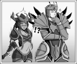 Rule 34 | !?, 1boy, 1girl, armor, blush, comic, covering privates, covering ass, greyscale, helmet, jarvan iv (league of legends), league of legends, long hair, monochrome, oldlim, shyvana