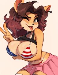 Rule 34 | 1girl, absurdres, alyssa bandicoot (magaska), american flag bikini, arm under breasts, bikini, breasts, brown hair, cleavage, crash bandicoot (series), flag print, fourth of july, furry, furry female, highres, large breasts, looking at viewer, magaska, medium hair, microskirt, one eye closed, pink skirt, pleated skirt, simple background, skirt, solo, swimsuit, tongue, tongue out, v, white background