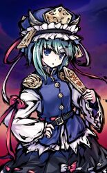 Rule 34 | 1girl, black skirt, blue eyes, blue hat, blue vest, commentary, english commentary, epaulettes, frilled hat, frills, green eyes, green hair, hat, holding, long sleeves, looking at viewer, medium hair, official art, open mouth, ribbon-trimmed skirt, ribbon trim, rod of remorse, shiki eiki, skirt, solo, third-party source, tokiame, touhou, touhou cannonball, vest