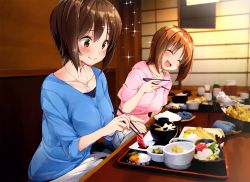 Rule 34 | 10s, 2girls, alternate costume, blush, brown hair, chopsticks, eating, food, food request, girls und panzer, hood, hoodie, multiple girls, nishizumi maho, nishizumi miho, pilky, siblings, sisters, smile, sparkle, sushi, wide-eyed
