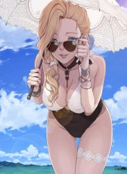 Rule 34 | 1girl, adjusting eyewear, adjusting glasses, asymmetrical hair, aviator sunglasses, azur lane, bare shoulders, black one-piece swimsuit, blonde hair, blue eyes, blue sky, breasts, cloud, cloudy sky, collarbone, covered erect nipples, covered navel, day, gluteal fold, hands up, holding, holding umbrella, hood (azur lane), hood (lady of the shining sun) (azur lane), ivris, large breasts, long hair, looking at viewer, looking over eyewear, looking over glasses, nail polish, ocean, one-piece swimsuit, outdoors, parted lips, sky, smile, solo, sunglasses, swimsuit, thigh gap, thigh strap, thighs, tinted eyewear, umbrella