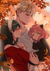 Rule 34 | 1boy, ahoge, anya (spy x family), artist name, bare shoulders, black dress, black hair, blonde hair, blush, breasts, child, closed eyes, collarbone, dress, earrings, falling leaves, family, green eyes, hairband, hairpods, highres, jewelry, large breasts, leaf, long sleeves, looking at another, multiple girls, mumechi, off shoulder, pink hair, red sweater, short hair, smile, spy x family, sweater, twilight (spy x family), undercut, yor briar