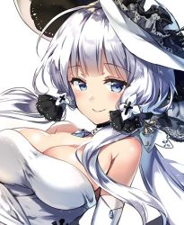 Rule 34 | 1girl, ahoge, armlet, azur lane, bare shoulders, blue eyes, blue gemstone, blunt bangs, blush, breasts, choker, cleavage, dress, elbow gloves, gem, gloves, hair ornament, hair ribbon, hat, illustrious (azur lane), jewelry, lace-trimmed hat, lace trim, large breasts, long hair, looking at viewer, low twintails, mole, mole under eye, non (nobu), pendant, ribbon, sidelocks, simple background, smile, solo, strapless, strapless dress, sun hat, tress ribbon, twintails, upper body, white background, white dress, white gloves, white hair