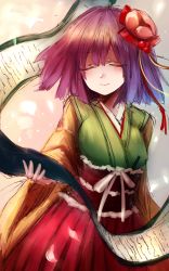 Rule 34 | 1girl, blush, bow, closed eyes, colorized, flower, hair flower, hair ornament, hieda no akyuu, highres, japanese clothes, kimono, long sleeves, maho moco, obi, one-hour drawing challenge, petals, purple hair, sash, scroll, short hair, simple background, sketch, smile, solo, string, touhou, wide sleeves