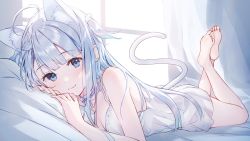 Rule 34 | 1girl, ahoge, amatsuka uto, angel, animal ears, barefoot, bed, blue eyes, blue hair, cat ears, cat tail, commentary, curtains, english commentary, extra ears, feet, highres, indie virtual youtuber, lying, on stomach, pillow, smile, soles, solo, sunlight, tail, the pose, toes, virtual youtuber, weee (raemz), window