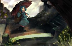 Rule 34 | 1girl, :t, absurdres, backpack, bag, blue eyes, blue footwear, blue hair, blue hat, blue jacket, blue skirt, blush, boots, commentary, day, flat cap, flower, frilled shirt collar, frills, full body, grass, green bag, green footwear, hat, highres, holding, holding umbrella, hydrangea, jacket, kawashiro nitori, key, kurowa (curowa), light rays, long sleeves, looking at viewer, looking to the side, looking up, moss, nature, outdoors, parted bangs, pocket, rain, rock, rubber boots, shirt, short twintails, skirt, skirt set, solo, stairs, standing, touhou, twintails, two side up, umbrella, undershirt, unworn headwear, white shirt, wood