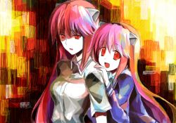 Rule 34 | 00s, 2girls, 79inko, bad drawr id, bad id, blouse, drawr, dual persona, elfen lied, gradient background, horns, long hair, looking at viewer, lucy (elfen lied), monster girl, multiple girls, nyuu, oekaki, open mouth, pink hair, red eyes, shaded face, shirt, smile, white shirt