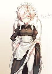 Rule 34 | 1girl, absurdres, apron, azur lane, blonde hair, blush, clothes lift, collarbone, cross, cross necklace, expressionless, garter straps, hair over one eye, hand on own hip, hecha (01964237), highres, jewelry, looking at viewer, maid, maid apron, maid headdress, necklace, self exposure, semi-rimless eyewear, sheffield (azur lane), skirt, skirt lift, solo, thighhighs, thighs, translation request, under-rim eyewear, white garter straps, white thighhighs, yellow eyes