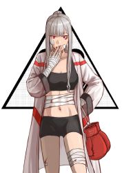 Rule 34 | 1girl, ak-12 (girls&#039; frontline), bandaged arm, bandaged leg, bandages, black bra, black shorts, boxing gloves, bra, breasts, bruise, bruise on face, bruised eye, collarbone, covered mouth, girls&#039; frontline, hand on own hip, injury, long hair, looking at viewer, navel, patch, ponytail, red eyes, shorts, silayloe, silver hair, simple background, solo, sports bra, stomach, underwear
