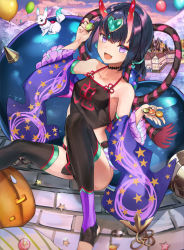 Rule 34 | 1girl, :d, animal, armpits, ass, balloon, bare shoulders, black fundoshi, black hair, black thighhighs, blue sky, breasts, building, chinese clothes, choker, cloud, cloudy sky, collarbone, detached sleeves, dudou, eyeliner, fang, fate/grand order, fate (series), food, fundoshi, hair bobbles, hair ornament, halloween, hand up, head tilt, heart, heart hair ornament, highres, horns, jack-o&#039;-lantern, japanese clothes, knees up, looking at viewer, makeup, midriff, mosta (lo1777789), mountain, multiple tails, open mouth, orb, outdoors, pavement, purple eyes, short hair, shuten douji (fate), shuten douji (fate/grand order), shuten douji (halloween caster) (fate), sitting, skin-covered horns, sky, small breasts, smile, solo, star (symbol), star print, stirrup legwear, sweets, tail, thighhighs, toeless legwear, two tails, wide sleeves