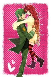 Rule 34 | 1boy, 1girl, bad id, bad pixiv id, boots, couple, dress, eye contact, fatalizer, flaky (happy tree friends), flippy (happy tree friends), green hair, green shirt, happy tree friends, height difference, hetero, highres, holding, hug, looking at another, military, military uniform, personification, red hair, shirt, size difference, striped clothes, striped thighhighs, sweater, sweater dress, thighhighs, uniform