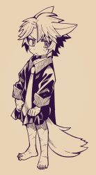 Rule 34 | 1boy, animal ears, barefoot, closed mouth, collared shirt, fox boy, fox ears, fox tail, heathcliff (project moon), highres, limbus company, long sleeves, looking at viewer, male focus, necktie, oversized clothes, project moon, scar, scar on face, shirt, solo, tail, touma rui