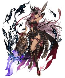 Rule 34 | 1girl, ammunition belt, asymmetrical clothes, belt, blue eyes, center opening, cinderella (sinoalice), clothing cutout, cross-laced clothes, cross-laced cutout, dark-skinned female, dark skin, dress, frilled dress, frills, frown, full body, hair bun, hair over one eye, ji no, kneehighs, light purple hair, long hair, looking at viewer, official art, polearm, side cutout, single hair bun, single kneehigh, single sock, single thighhigh, sinoalice, smoke, socks, solo, thigh strap, thighhighs, transparent background, very long hair, weapon