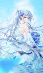 Rule 34 | 1girl, absurdres, back, backless dress, backless outfit, bare back, bare shoulders, blue eyes, blue hair, blue theme, blush, bouquet, bridal veil, bride, choker, closed mouth, day, dress, elbow gloves, eyelashes, falling leaves, floating hair, flower, from side, fusuma (ramunezake), gloves, hair between eyes, hair ornament, hatsune miku, highres, holding, holding bouquet, huge filesize, leaf, long hair, looking at viewer, sidelocks, signature, sky, sleeveless, sleeveless dress, smile, solo, twintails, veil, vocaloid, wedding, wedding dress, white choker, white dress, white gloves, wind