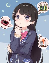 Rule 34 | 1girl, black hair, blazer, blue background, blue jacket, blush, blush stickers, bow, braid, brown sweater, christmas tree, collared shirt, commentary request, crescent, dress shirt, grey eyes, hair ornament, hairclip, hand up, handheld game console, jacket, long hair, long sleeves, looking away, looking up, nijisanji, parted lips, pink bow, shirt, snow, snowing, solo, spacecraft, star (symbol), starry background, sweater, tadanoshi kabane, thought bubble, tsukino mito, tsukino mito (1st costume), very long hair, virtual youtuber, white shirt