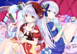 Rule 34 | 2girls, absurdres, angel beats!, asami yuriko, back-to-back, bell, belt, beret, black belt, blue bow, blue capelet, blue dress, blue eyes, bow, box, breasts, capelet, christmas, color connection, commentary request, company connection, cookie, couch, crossover, dress, eyelashes, eyes visible through hair, feet out of frame, flower, food, fur-trimmed capelet, fur-trimmed dress, fur-trimmed sleeves, fur trim, gift, gift bag, gift box, hair bell, hair between eyes, hair bow, hair color connection, hair ornament, hairstyle connection, hand up, hat, hat bell, hat bow, heart-shaped box, highres, holding, holding gift, holding ribbon, key (company), knees up, light blush, long hair, looking at food, looking at viewer, looking back, merry christmas, mistletoe hair ornament, multiple girls, naruse shiroha, on couch, parted lips, pom pom (clothes), puffy short sleeves, puffy sleeves, purple flower, purple rose, red bow, red capelet, red dress, red headwear, red ribbon, ribbon, rose, santa dress, short dress, short sleeves, sidelocks, sitting, small breasts, star-shaped box, star (symbol), star hair ornament, straight hair, stuffed animal, stuffed rabbit, stuffed toy, summer pockets, teddy bear, tenshi (angel beats!), thighs, very long hair, white bow, white flower, white fur, white hair, white ribbon, white rose, yellow eyes, yellow ribbon