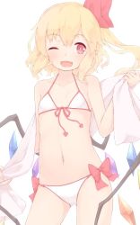 Rule 34 | 1girl, ;d, bare arms, bikini, blonde hair, blush, bow, collarbone, cowboy shot, fang, flandre scarlet, front-tie bikini top, front-tie top, gluteal fold, hair bow, looking at viewer, navel, one eye closed, open mouth, pink bow, red bow, red eyes, sakurea, side ponytail, simple background, smile, solo, stomach, swimsuit, touhou, towel, white background, white bikini