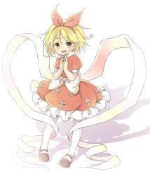 Rule 34 | 1girl, ayana (touhou), bad id, bad pixiv id, blonde hair, bow, character request, dress, ellipsis (mitei), full body, hairband, highres, mary janes, no nose, own hands together, popped collar, puffy short sleeves, puffy sleeves, red dress, red ribbon, ribbon, shawl, shoes, short hair, short sleeves, solo, touhou, touhou (pc-98), white bow, white legwear, yellow eyes