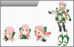 Rule 34 | 1girl, armor, armored boots, asuka (cosmic break 2), boots, breasts, cleavage, cosmic break, cosmic break 2, crying, crying with eyes open, hair ornament, hairclip, headgear, midriff, official art, pink hair, solo, tears, wakaba sprout, yellow eyes