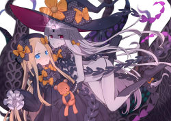 Rule 34 | 2girls, abigail williams (fate), abigail williams (third ascension) (fate), absurdres, ahase hino, black bow, black dress, black gloves, black hat, black legwear, black panties, blonde hair, bloomers, blue eyes, blush, bow, butt crack, carrying, dress, dual persona, elbow gloves, fate/grand order, fate (series), gloves, glowing, glowing eye, grey hair, hair bow, hat, hat bow, highres, keyhole, long hair, long sleeves, looking at viewer, multiple girls, orange bow, pale skin, panties, pixiv fate/grand order contest 2, polka dot, polka dot bow, red eyes, revealing clothes, skull print, sleeves past fingers, sleeves past wrists, smile, stuffed animal, stuffed toy, teddy bear, teeth, tentacles, third eye, topless, underwear, very long hair, white bloomers, witch hat