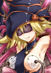 Rule 34 | 1girl, armpits, arms up, bdsm, blindfold, blonde hair, bondage, bound, breast slip, breasts, cross, duel monster, gagaga girl, hat, jewelry, lactation, milking machine, necklace, nipples, nude, one breast out, segami daisuke, solo, sweatdrop, tears, torn clothes, upper body, wizard hat, yu-gi-oh!, yuu-gi-ou, yuu-gi-ou zexal