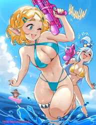 Rule 34 | 3girls, absurdres, aqua (konosuba), bikini, blonde hair, blue bikini, blue eyes, blue hair, blue sky, blush, braid, breasts, cleavage, closed eyes, cloud, cloudy sky, commentary, criss-cross halter, crossover, crown braid, day, english commentary, feet out of frame, female focus, hair bobbles, hair ornament, hair rings, hairclip, halterneck, hat, highres, holding, holding water gun, innertube, kono subarashii sekai ni shukufuku wo!, laughing, light blue hair, long hair, looking at another, medium breasts, megumin, multi-strapped bikini, multiple girls, navel, nintendo, ocean, one eye closed, open mouth, outdoors, parted bangs, patreon username, pointy ears, princess zelda, short hair, skindentation, sky, smile, snegovski, splashing, standing, standing on one leg, stomach, string bikini, swim ring, swimsuit, the legend of zelda, the legend of zelda: tears of the kingdom, thick eyebrows, thigh gap, thigh strap, underboob, wading, water gun, wet, witch hat, yellow bikini