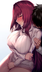 Rule 34 | 1boy, 1girl, absurdres, black hair, blush, breasts, fate/grand order, fate (series), gradient background, hair intakes, highres, large breasts, long hair, long sleeves, lun7732, neck kissing, open mouth, purple hair, red eyes, ribbed sweater, scathach (fate), short hair, sitting, sweater, turtleneck, turtleneck sweater, white sweater