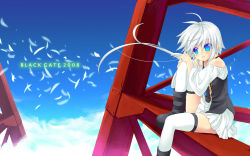 Rule 34 | 1girl, bare shoulders, blue eyes, cloud, construction site, day, frills, highres, lingerie, minamura haruki, outdoors, sky, solo, thighhighs, underwear, wallpaper, white hair, zettai ryouiki