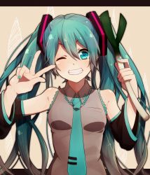 Rule 34 | 1girl, detached sleeves, green eyes, green hair, grin, hatsune miku, long hair, matching hair/eyes, nail polish, necktie, nora usagi, one eye closed, skirt, smile, solo, spring onion, twintails, v, very long hair, vocaloid, wink