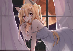 Rule 34 | 1girl, all fours, animal ears, atsuki (pink0930cat), blonde hair, blood, blush, cat ears, cat girl, city, curtains, dress, fangs, hand up, highres, long hair, looking at viewer, moon, moonlight, nightgown, original, pink eyes, solo, strap slip, tongue, tongue out, two side up, vampire, window