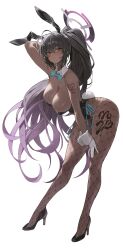 Rule 34 | 1girl, 2023, absurdres, animal ears, bare shoulders, black footwear, black hair, black leotard, blue archive, blush, body writing, breasts, cleavage, commentary, dark-skinned female, dark skin, detached collar, fake animal ears, fake tail, fishnet pantyhose, fishnets, full body, gloves, halo, high heels, highleg, highleg leotard, highres, karin (blue archive), karin (bunny) (blue archive), large breasts, leotard, long hair, looking at viewer, netural, number tattoo, official alternate costume, pantyhose, playboy bunny, ponytail, rabbit ears, rabbit tail, sideboob, sidelocks, solo, strapless, strapless leotard, tail, tattoo, very long hair, white gloves, yellow eyes