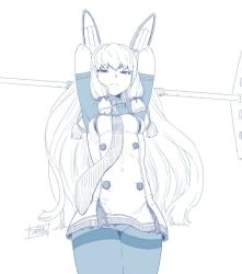 Rule 34 | 10s, 1girl, arms behind head, arms up, bodysuit, commentary request, dress, female focus, from below, hair ribbon, headgear, kantai collection, limited palette, long hair, looking at viewer, minazuki tsuyuha, murakumo (kancolle), murakumo kai ni (kancolle), narrowed eyes, necktie, panties, pantyhose, pantyshot, partially colored, purple eyes, ribbon, sidelocks, sketch, solo, standing, strapless, strapless dress, translation request, underwear, white background