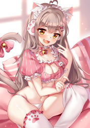 Rule 34 | 1girl, :d, ahoge, animal ear fluff, animal ears, bell, blouse, bow, bowtie, breasts, brown hair, cat cutout, cat ears, cat girl, cat tail, choker, cleavage, cleavage cutout, clothing cutout, crop top, fang, frilled shirt, frilled thighhighs, frills, groin, hand up, heart, heart ahoge, highres, jingle bell, long hair, looking at viewer, maid headdress, medium breasts, mole, mole under eye, nail polish, navel, open mouth, orange eyes, original, panties, pillow, pink choker, pink nails, pink shirt, shirt, short sleeves, sitting, smile, solo, squchan, stomach, string panties, striped clothes, striped shirt, tail, tail bow, tail ornament, tail raised, thighhighs, thighs, underwear, very long hair, virtual youtuber, white panties, white thighhighs